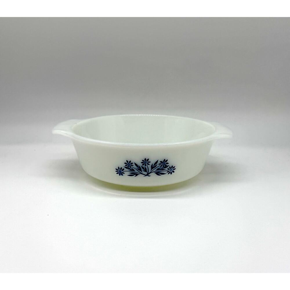 Vintage Anchor Hocking Milk Glass Blue Floral Casserole Dish Handles USA